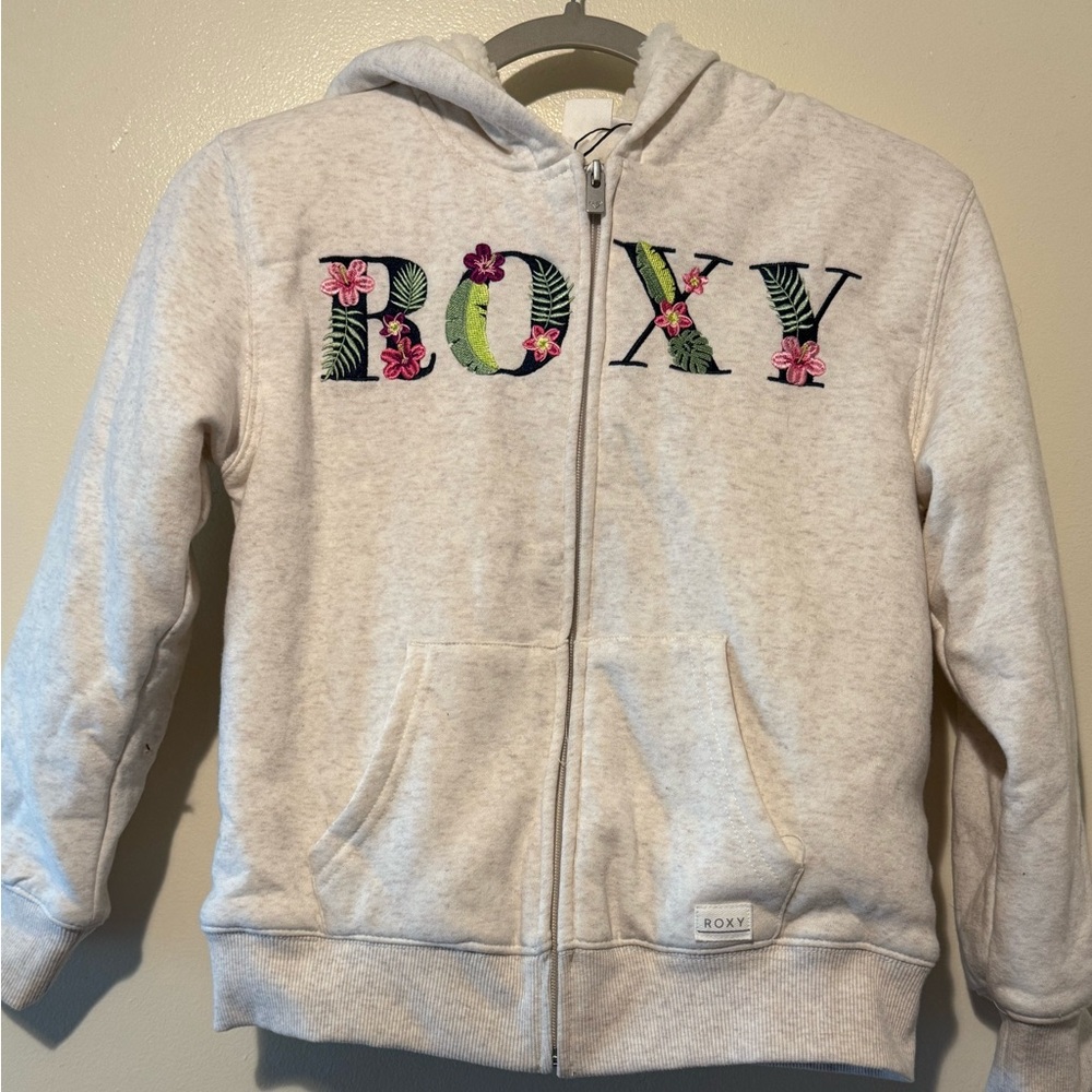 Roxy Kids Cream Hoodie with Embroidered Floral Lettering